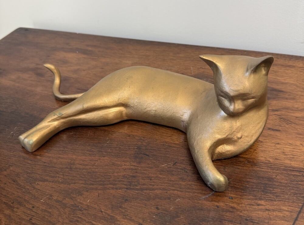 Vintage Solid Brass Reclining Cat Sculpture 11.25" Mid Century Modern 3lb
